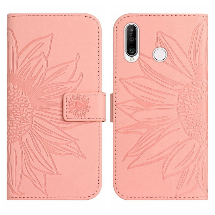For Huawei P30 Lite Skin Feel Sun Flower Pattern Flip Leather Phone Case with Lanyard