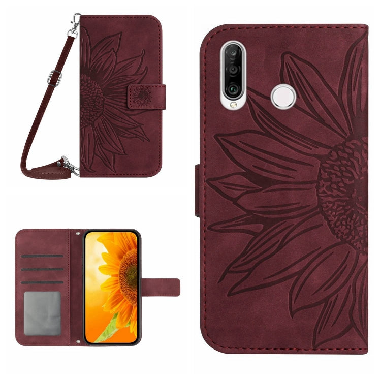 For Huawei P30 Lite Skin Feel Sun Flower Pattern Flip Leather Phone Case with Lanyard