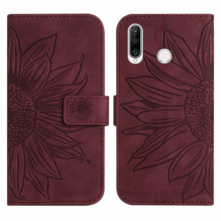 For Huawei P30 Lite Skin Feel Sun Flower Pattern Flip Leather Phone Case with Lanyard