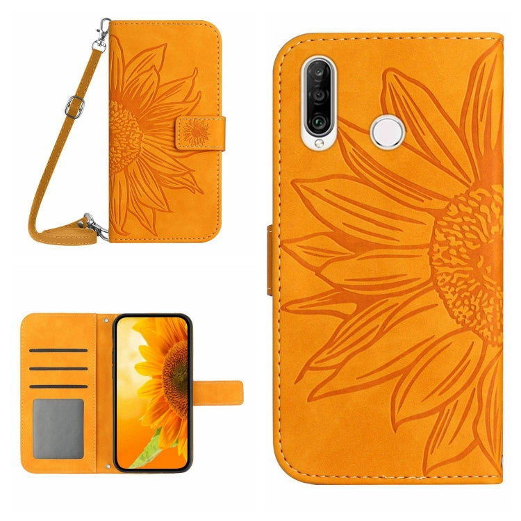 For Huawei P30 Lite Skin Feel Sun Flower Pattern Flip Leather Phone Case with Lanyard