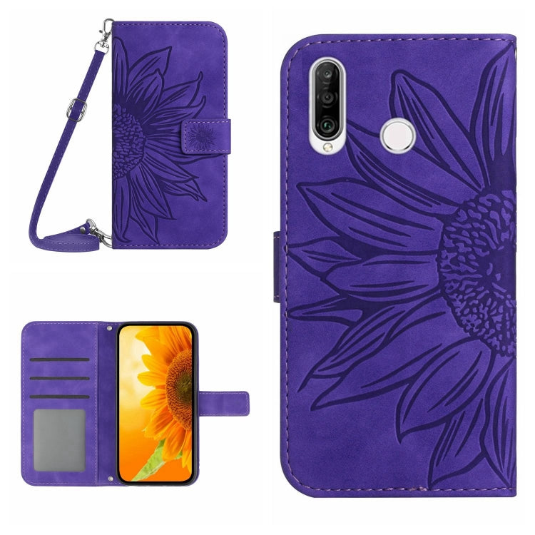 For Huawei P30 Lite Skin Feel Sun Flower Pattern Flip Leather Phone Case with Lanyard