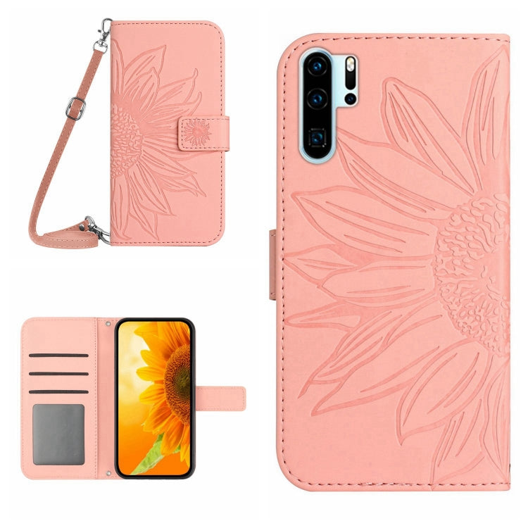 For Huawei P30 Pro Skin Feel Sun Flower Pattern Flip Leather Phone Case with Lanyard