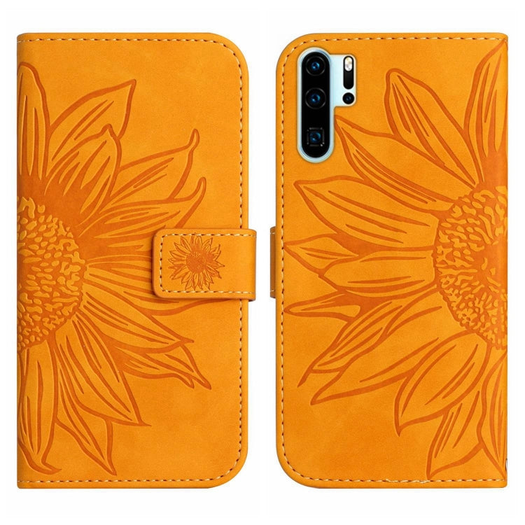 For Huawei P30 Pro Skin Feel Sun Flower Pattern Flip Leather Phone Case with Lanyard