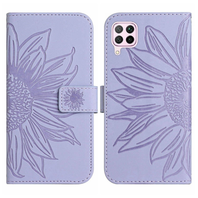 For Huawei P40 Lite Skin Feel Sun Flower Pattern Flip Leather Phone Case with Lanyard