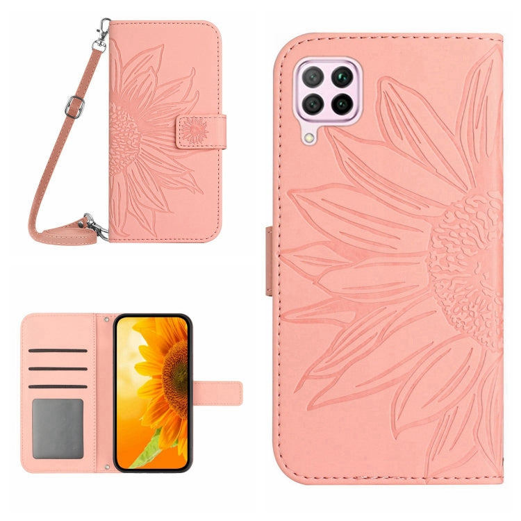 For Huawei P40 Lite Skin Feel Sun Flower Pattern Flip Leather Phone Case with Lanyard