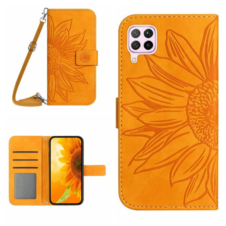 For Huawei P40 Lite Skin Feel Sun Flower Pattern Flip Leather Phone Case with Lanyard