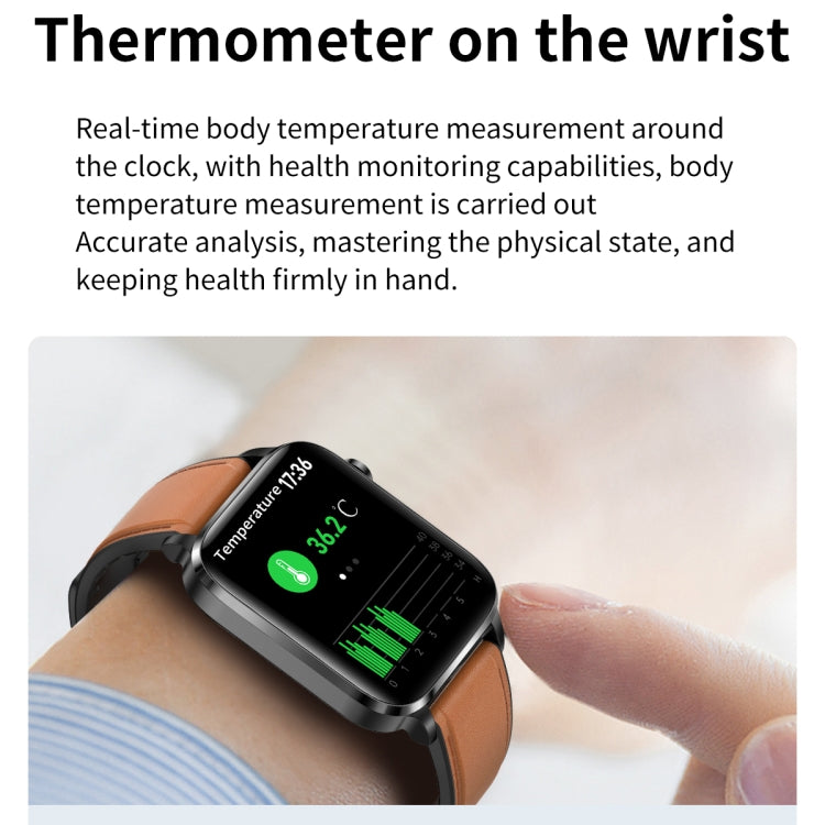 F100 1.7 inch HD Square Screen Leather Strap Smart Watch Supports Body Temperature Monitoring/Blood Oxygen Monitoring