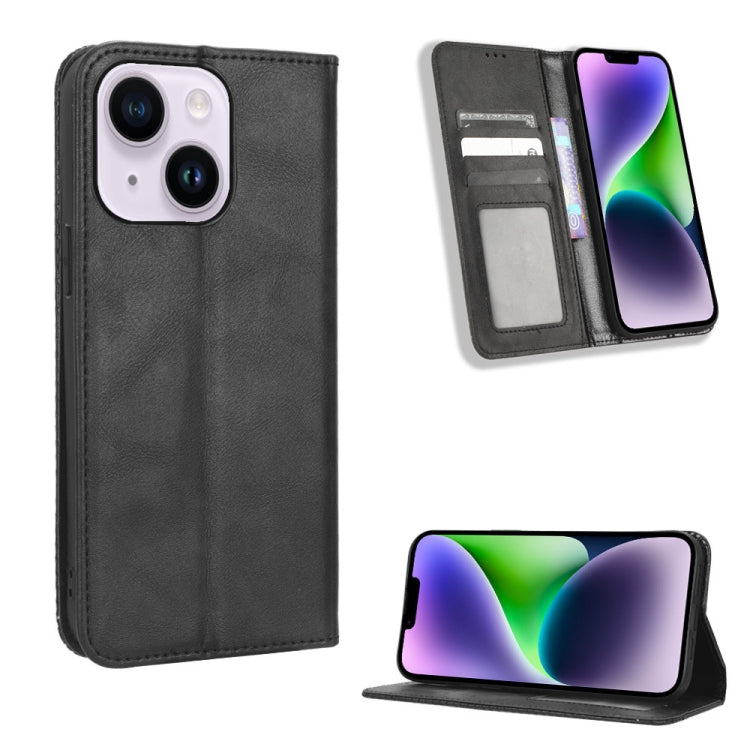 For iPhone 14 Plus Magnetic Buckle Retro Texture Leather Phone Case
