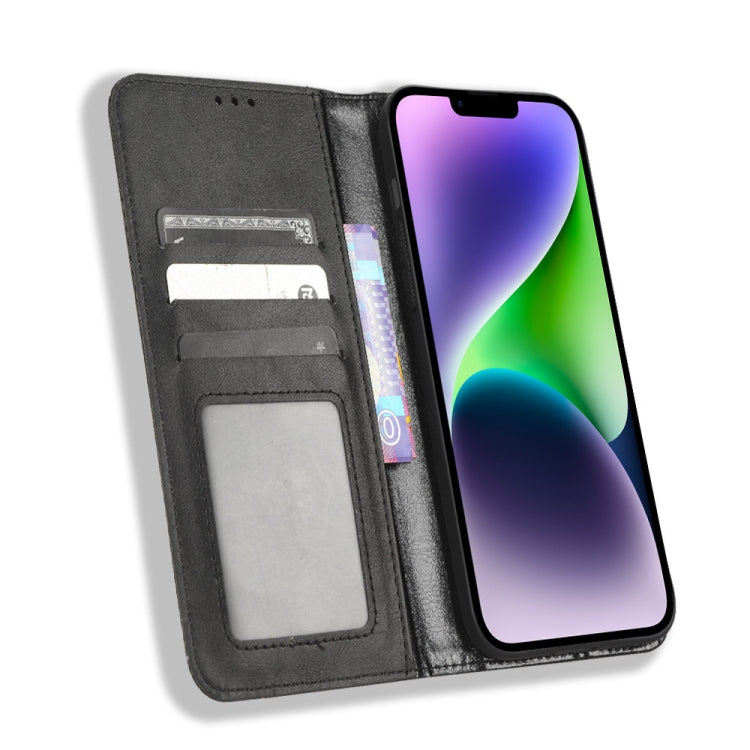 For iPhone 14 Plus Magnetic Buckle Retro Texture Leather Phone Case