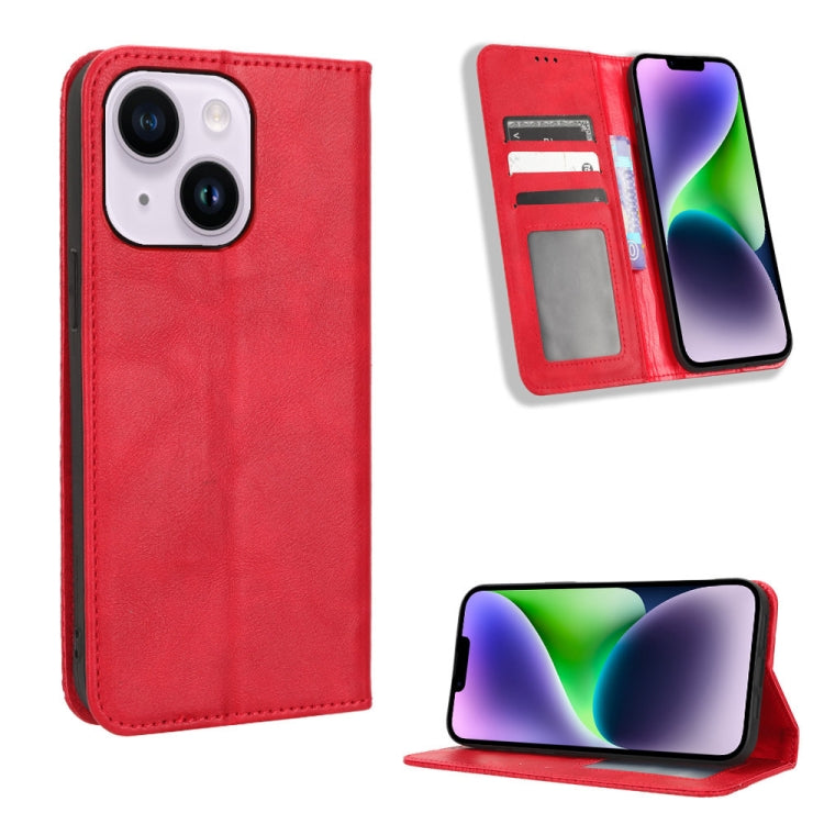 For iPhone 14 Plus Magnetic Buckle Retro Texture Leather Phone Case