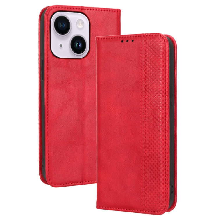 For iPhone 14 Plus Magnetic Buckle Retro Texture Leather Phone Case