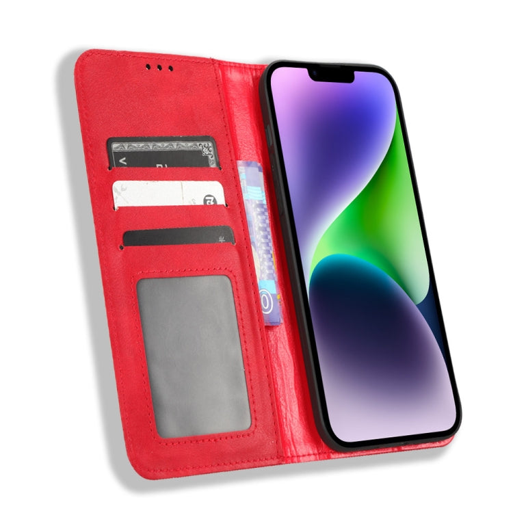 For iPhone 14 Plus Magnetic Buckle Retro Texture Leather Phone Case
