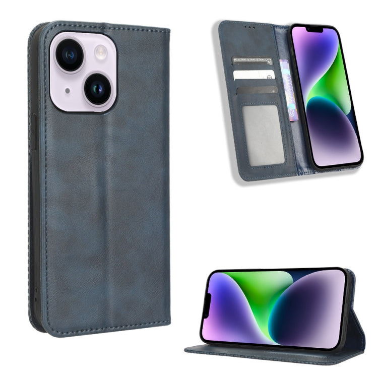 For iPhone 14 Plus Magnetic Buckle Retro Texture Leather Phone Case