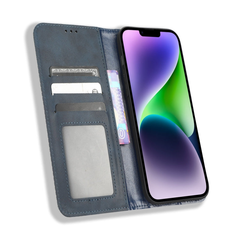 For iPhone 14 Plus Magnetic Buckle Retro Texture Leather Phone Case