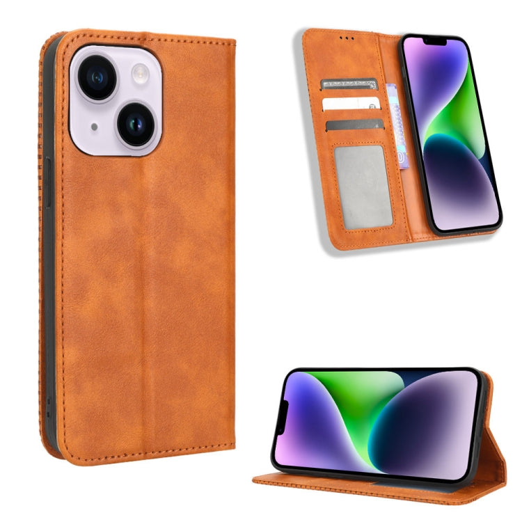 For iPhone 14 Plus Magnetic Buckle Retro Texture Leather Phone Case
