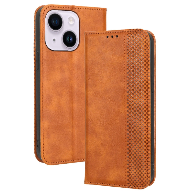 For iPhone 14 Plus Magnetic Buckle Retro Texture Leather Phone Case