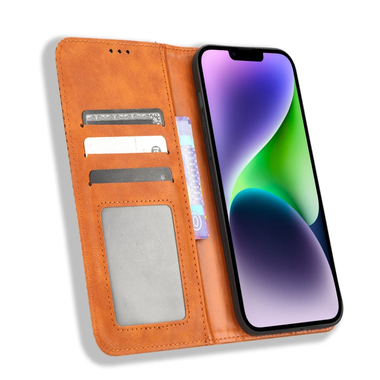 For iPhone 14 Plus Magnetic Buckle Retro Texture Leather Phone Case