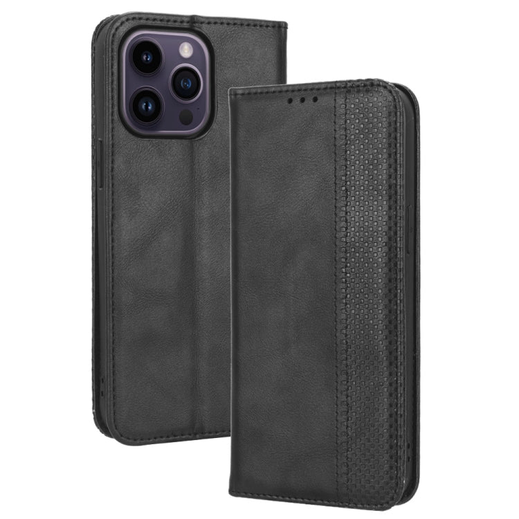 For iPhone 14 Pro Max Magnetic Buckle Retro Texture Leather Phone Case