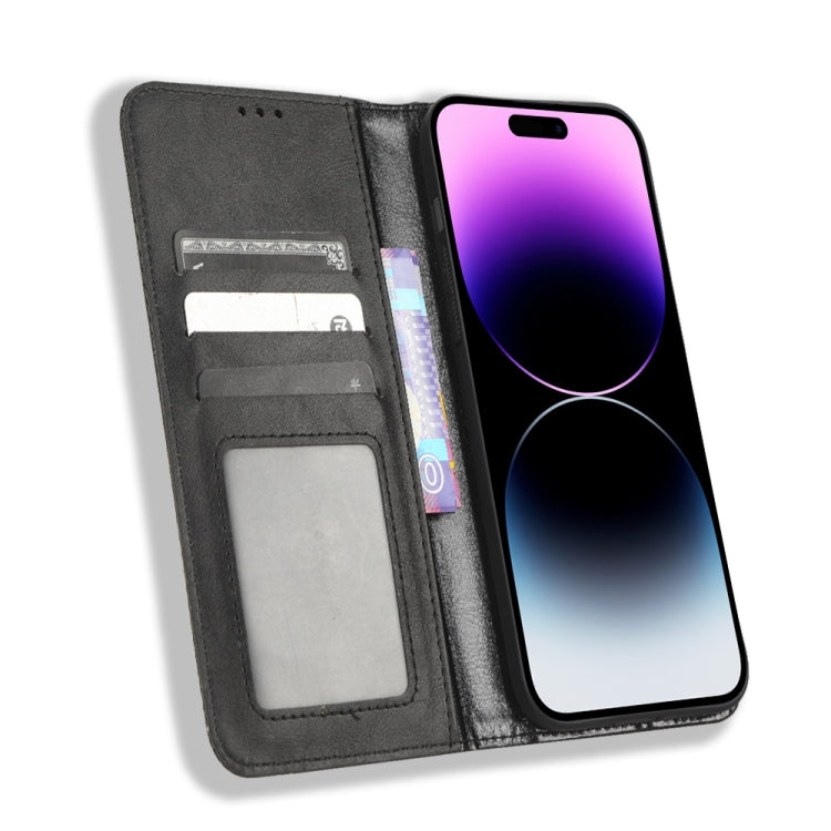 For iPhone 14 Pro Max Magnetic Buckle Retro Texture Leather Phone Case