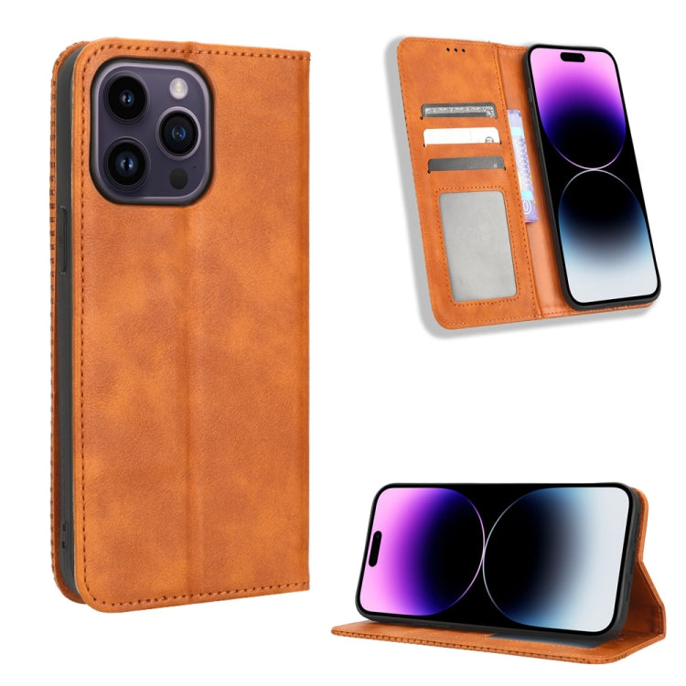 For iPhone 14 Pro Max Magnetic Buckle Retro Texture Leather Phone Case