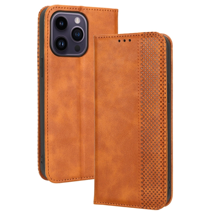 For iPhone 14 Pro Max Magnetic Buckle Retro Texture Leather Phone Case