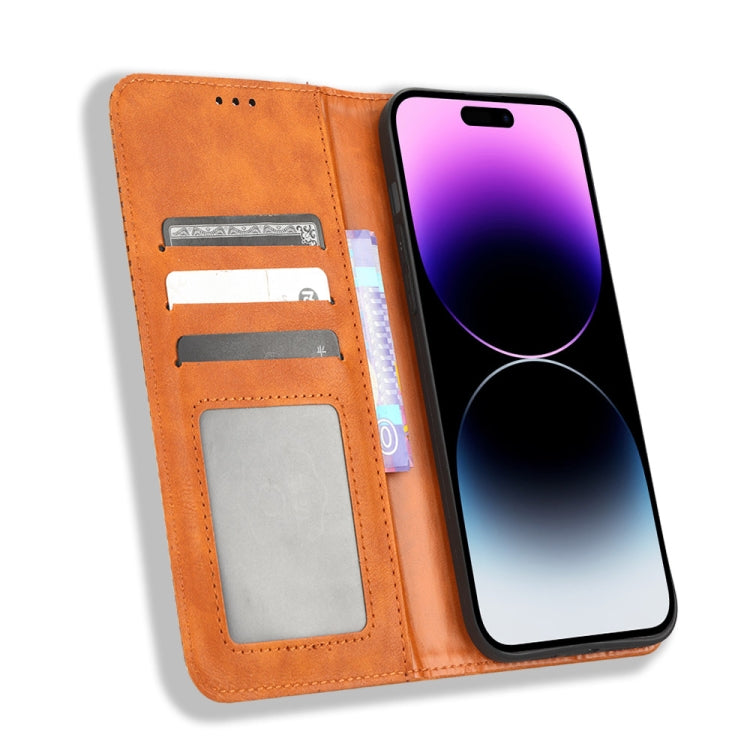 For iPhone 14 Pro Max Magnetic Buckle Retro Texture Leather Phone Case