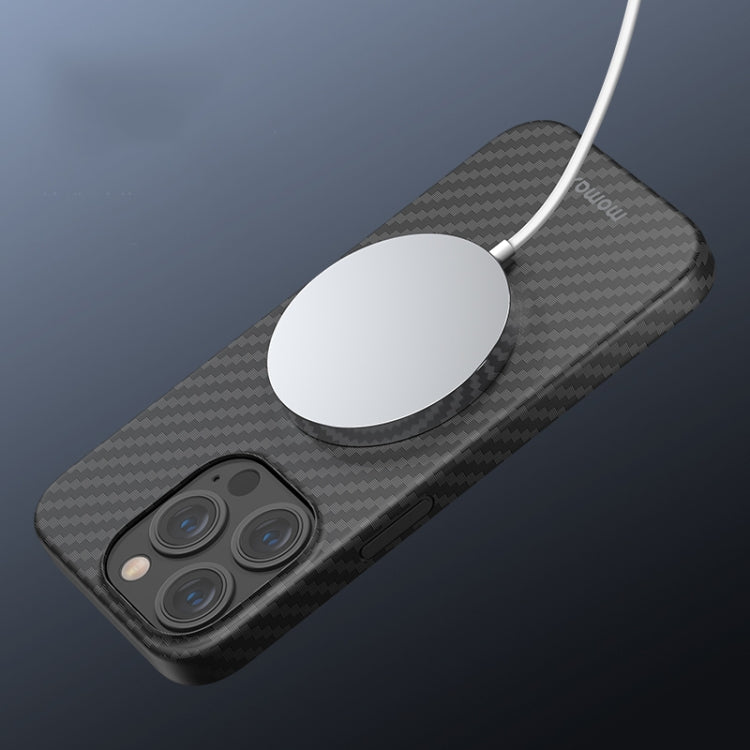 For iPhone 14 Plus MOMAX Magsafe Magnetic Carbon Fiber Texture Phone Case(Black)
