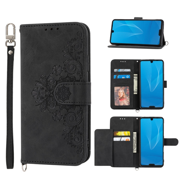 For Sharp Aquos R3 Skin-feel Flowers Embossed Wallet Leather Phone Case