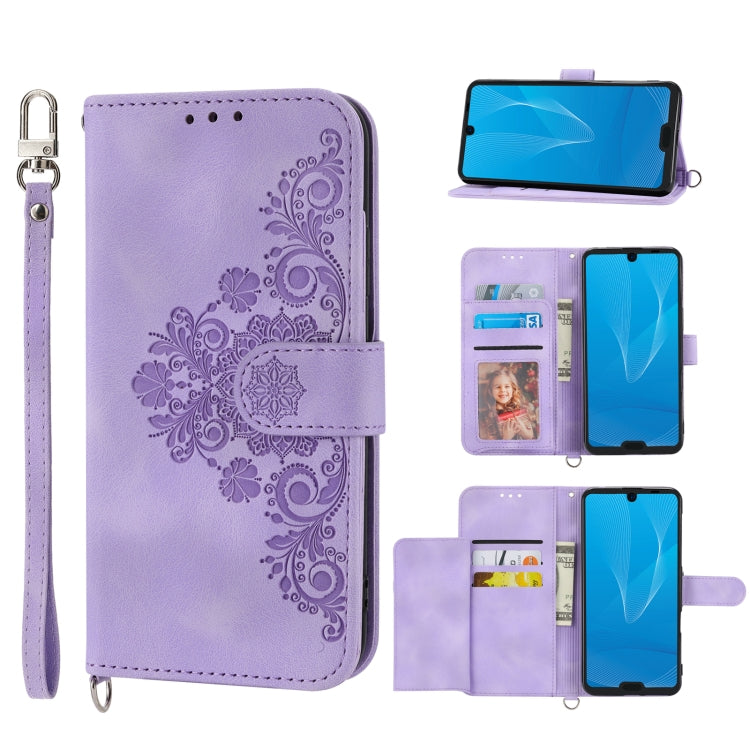 For Sharp Aquos R3 Skin-feel Flowers Embossed Wallet Leather Phone Case