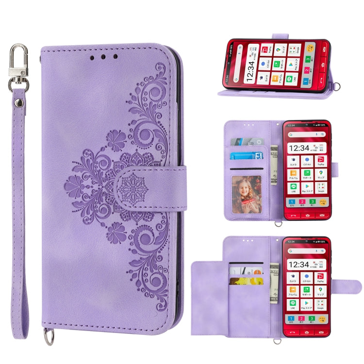 For Sharp Simple Sumaho 6 Skin-feel Flowers Embossed Wallet Leather Phone Case