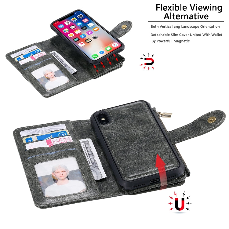 For iPhone X / XS Multifunctional Retro Detachable Magnetic Horizontal Flip Leather Case with Card Slots & Holder & Wallet & Photo Frame