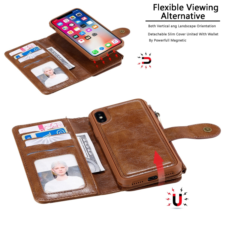 For iPhone X / XS Multifunctional Retro Detachable Magnetic Horizontal Flip Leather Case with Card Slots & Holder & Wallet & Photo Frame