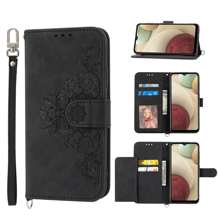 For Samsung Galaxy A12 5G/M12 Skin-feel Flowers Embossed Wallet Leather Phone Case