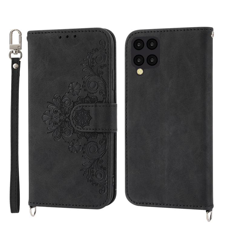 For Samsung Galaxy A12 5G/M12 Skin-feel Flowers Embossed Wallet Leather Phone Case