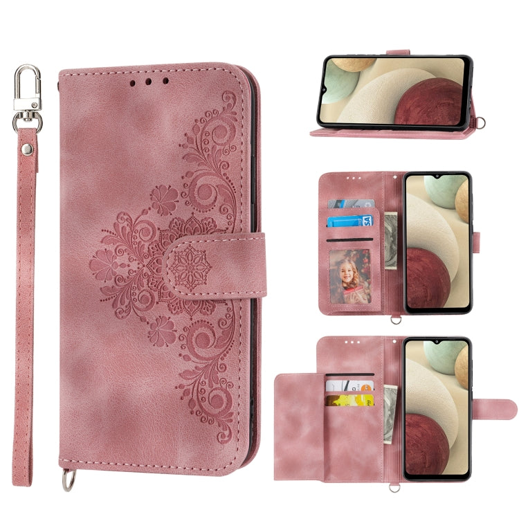 For Samsung Galaxy A12 5G/M12 Skin-feel Flowers Embossed Wallet Leather Phone Case