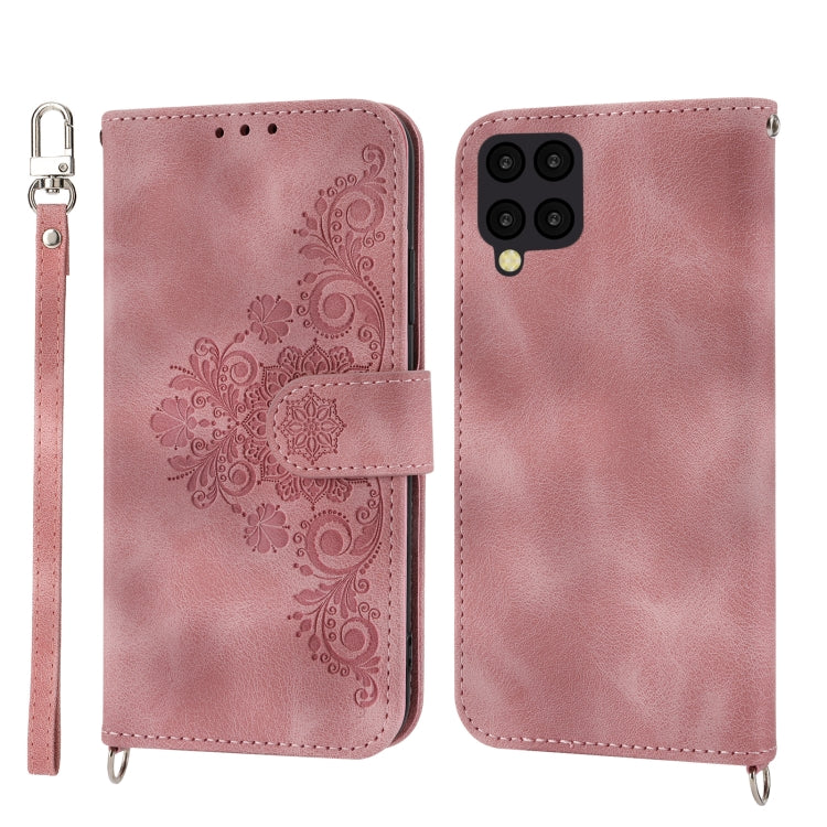 For Samsung Galaxy A12 5G/M12 Skin-feel Flowers Embossed Wallet Leather Phone Case