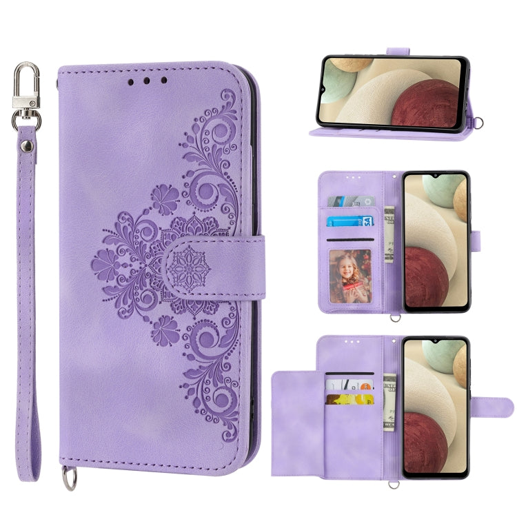 For Samsung Galaxy A12 5G/M12 Skin-feel Flowers Embossed Wallet Leather Phone Case