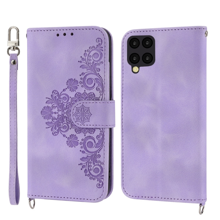 For Samsung Galaxy A12 5G/M12 Skin-feel Flowers Embossed Wallet Leather Phone Case
