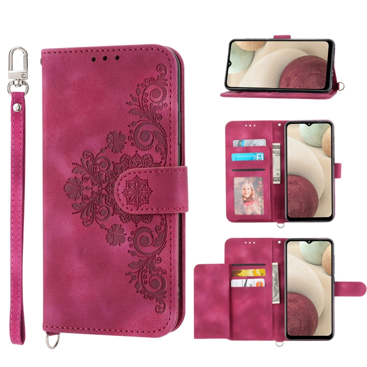 For Samsung Galaxy A12 5G/M12 Skin-feel Flowers Embossed Wallet Leather Phone Case