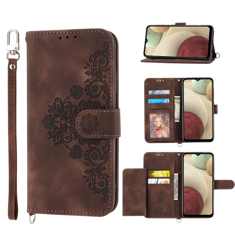 For Samsung Galaxy A12 5G/M12 Skin-feel Flowers Embossed Wallet Leather Phone Case
