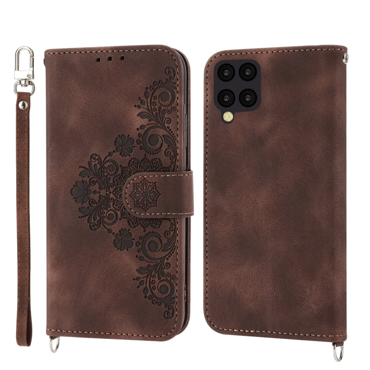 For Samsung Galaxy A12 5G/M12 Skin-feel Flowers Embossed Wallet Leather Phone Case