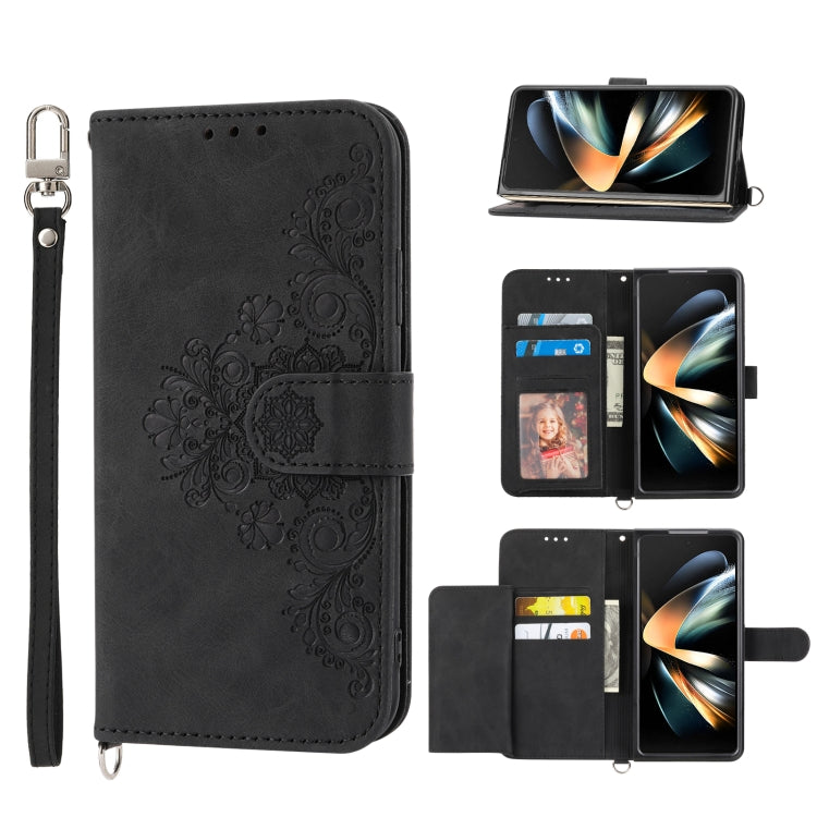 For Samsung Galaxy Z Fold4 Skin-feel Flowers Embossed Wallet Leather Phone Case