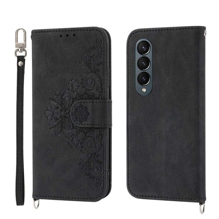 For Samsung Galaxy Z Fold4 Skin-feel Flowers Embossed Wallet Leather Phone Case