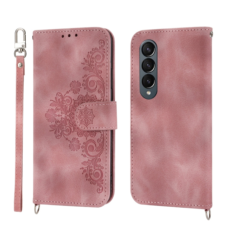 For Samsung Galaxy Z Fold4 Skin-feel Flowers Embossed Wallet Leather Phone Case