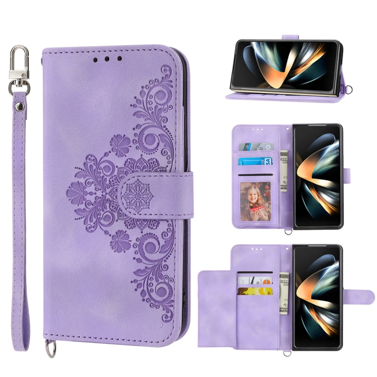 For Samsung Galaxy Z Fold4 Skin-feel Flowers Embossed Wallet Leather Phone Case