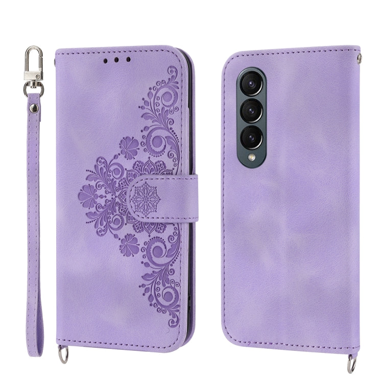 For Samsung Galaxy Z Fold4 Skin-feel Flowers Embossed Wallet Leather Phone Case