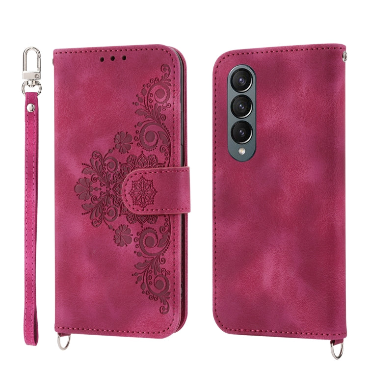 For Samsung Galaxy Z Fold4 Skin-feel Flowers Embossed Wallet Leather Phone Case