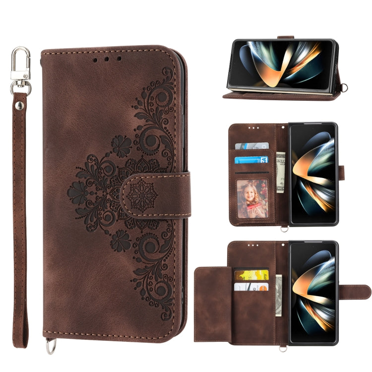 For Samsung Galaxy Z Fold4 Skin-feel Flowers Embossed Wallet Leather Phone Case