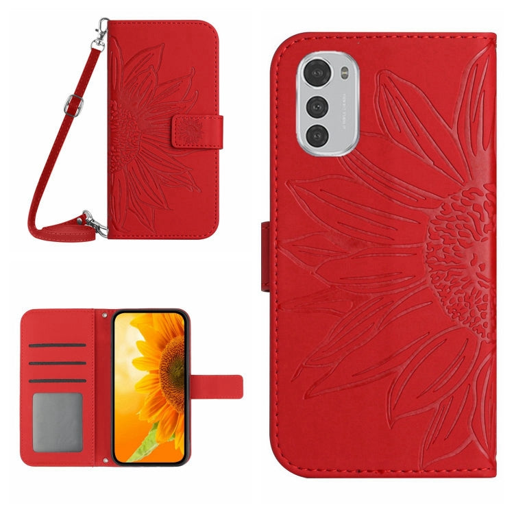 For Motorola Moto E32/E32S Skin Feel Sun Flower Pattern Flip Leather Phone Case with Lanyard