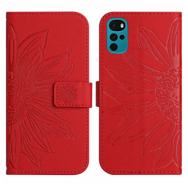 For Motorola Moto G22 Skin Feel Sun Flower Pattern Flip Leather Phone Case with Lanyard
